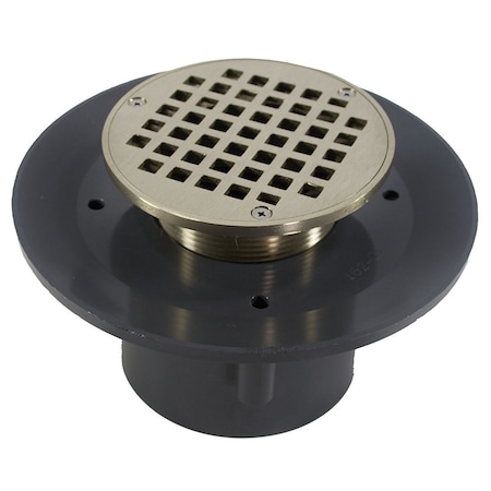 Jones Stephens 2in. x 3in. Heavy Duty PVC Slab Drain Base with 4in. Metal Spud and 5in. Nickel Bronze Strainer D49397